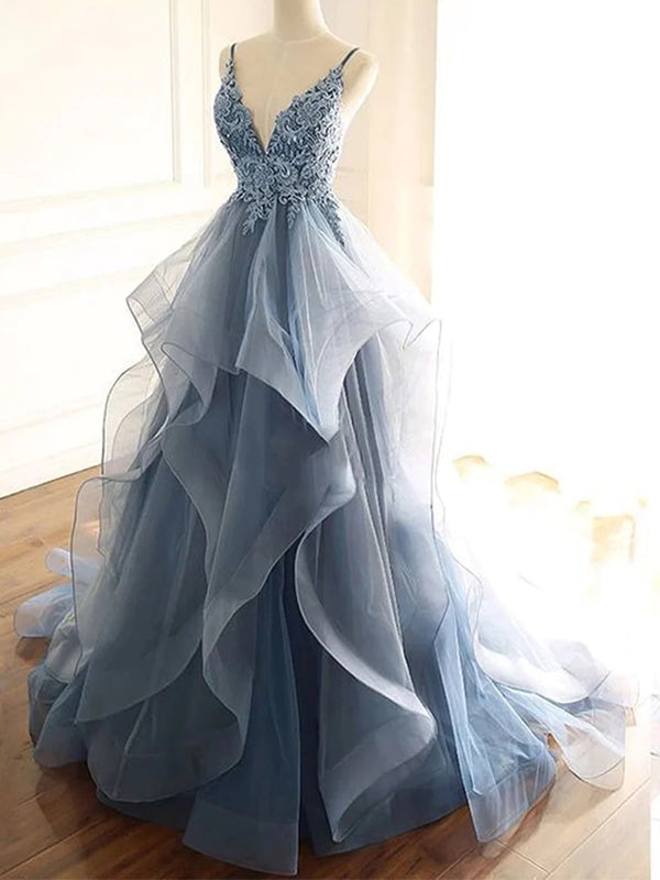 Elegant Grey Blue Spaghetti Straps Tulle A-line Long Prom Dresses Formal Dress, OL728