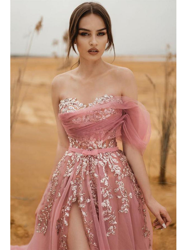 Elegant Pink Off the Shoulder Tulle A-line Long Prom Dresses Formal Dr – RomanBridal