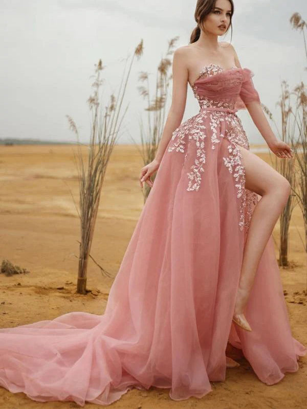 Elegant Pink Off the Shoulder Tulle A-line Long Prom Dresses Formal Dress, OL729