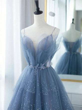 Gorgeous Spaghetti Straps V-neck Blue Tulle A-line Long Prom Dresses Formal Dress, OL735