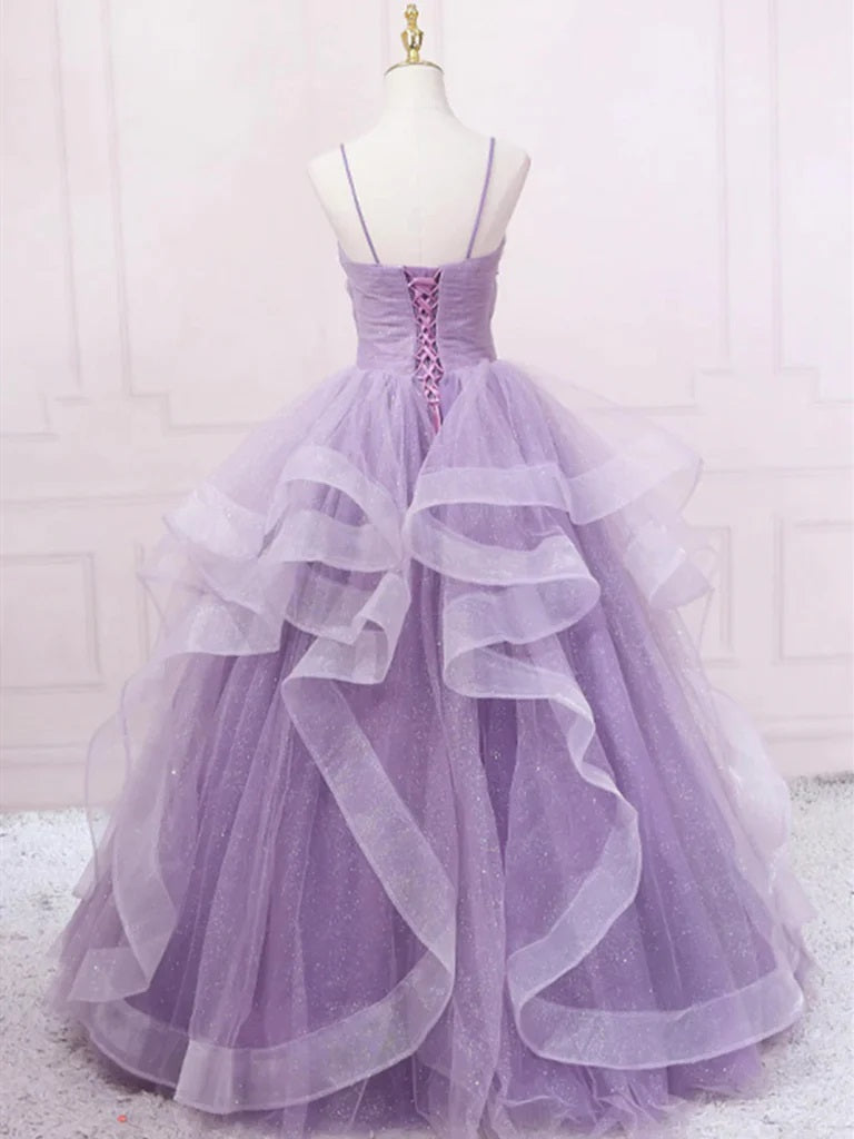 Elegant Spaghetti Straps V-neck Light Purple Tulle A-line Long Prom Dresses Formal Dress, OL736