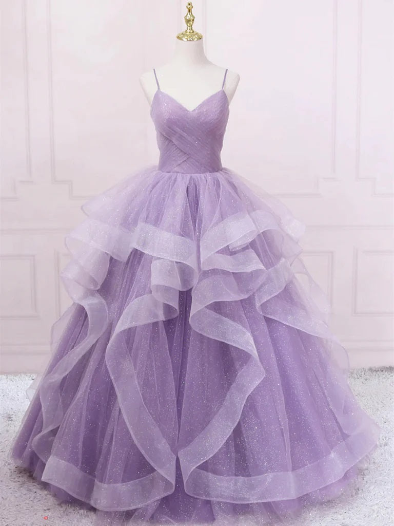 Elegant Spaghetti Straps V-neck Light Purple Tulle A-line Long Prom Dresses Formal Dress, OL736