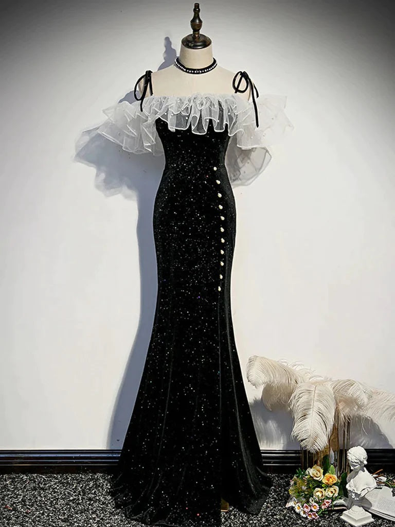 Elegant Black Spaghetti Straps Straight Neck Mermaid Long Prom Dresses Formal Dress, OL738