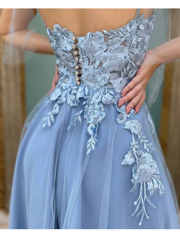 Elegant Tulle Straps Applique A-line Blue Long Prom Dresses Formal Dress, OL741