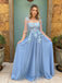 Elegant Tulle Straps Applique A-line Blue Long Prom Dresses Formal Dress, OL741
