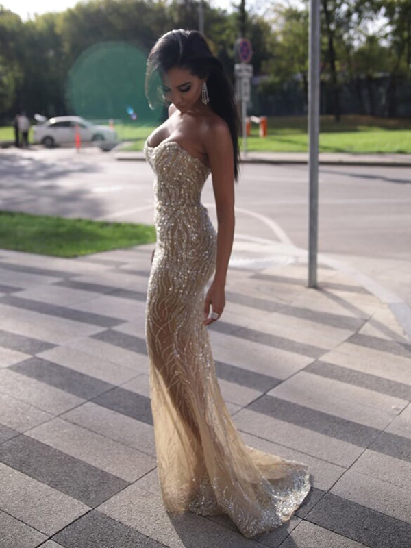 Sparkly Champagne Mermaid Scoop Neck Long Prom Dresses Formal Dress, OL739