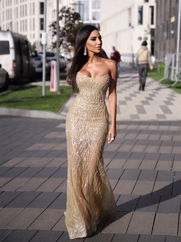 Sparkly Champagne Mermaid Scoop Neck Long Prom Dresses Formal Dress, OL739