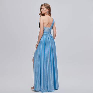 Elegant One Shoulder Black Lace Long Prom Dress with Side Split, WGP191