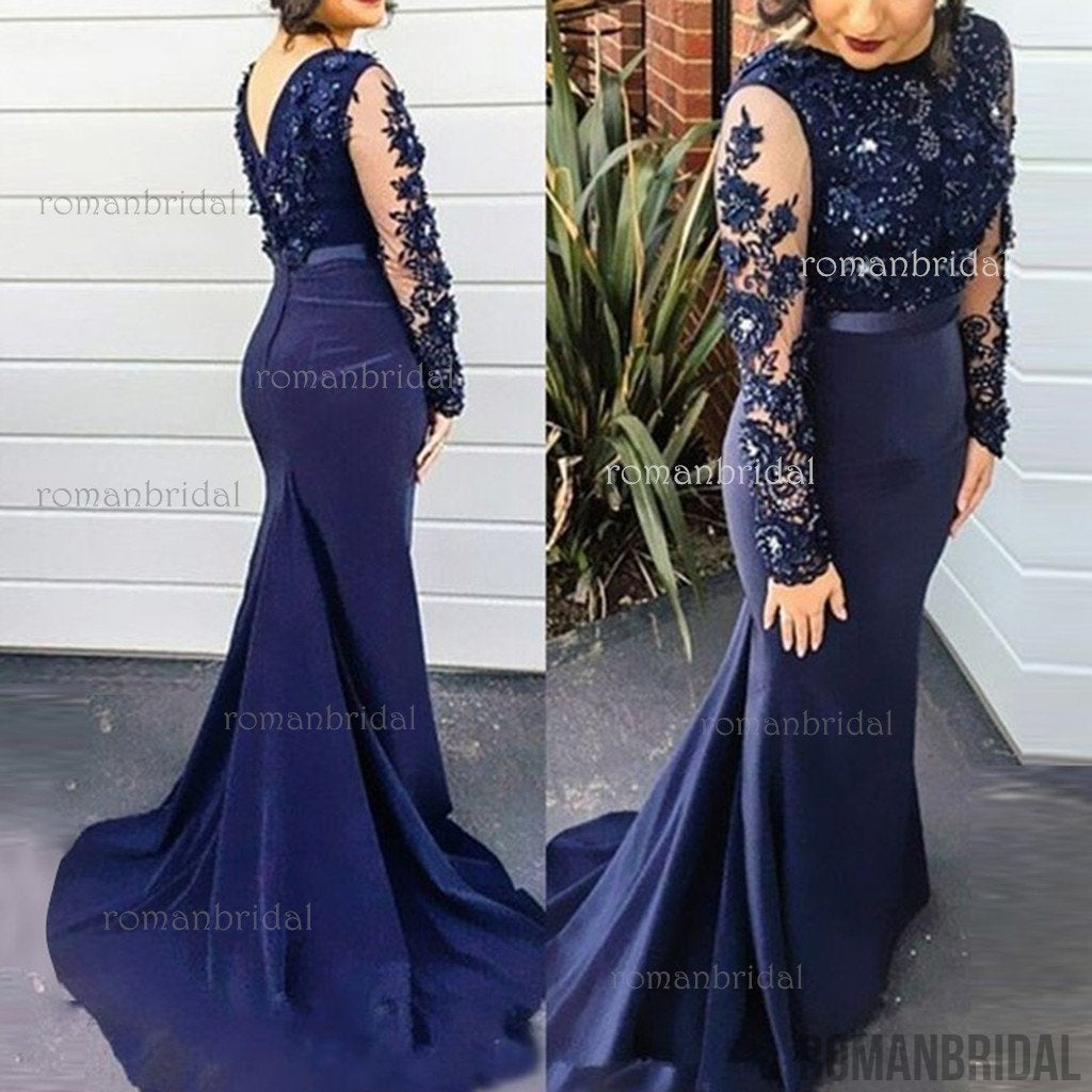 Navy Blue Mermaid Prom Dresses Long Sleeves Appliques Elegant Evening Gowns Prom dresses, PD0492
