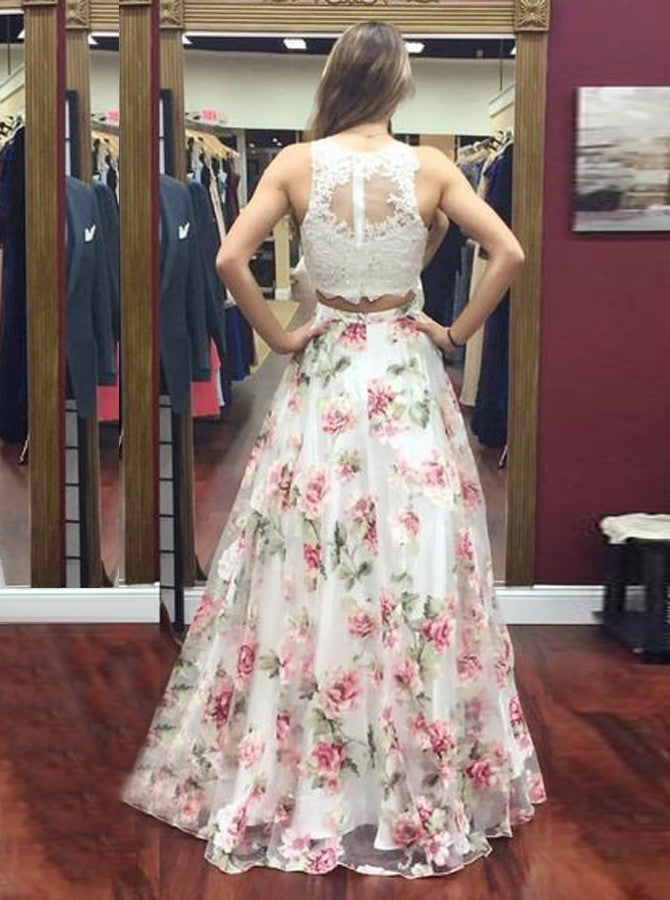 Newest Floor-length Two Piece lace Appliques evening dresses, Printed Round Neck long prom dresses , PD0526