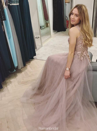 A-Line Round Neck Beading Appliques Top Long Tulle Prom Dress, PD0138