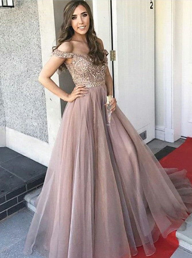 New Arrival A-Line Floor-length Off-Shoulder Tulle Prom gown with Beading,long prom dresses,  PD0528