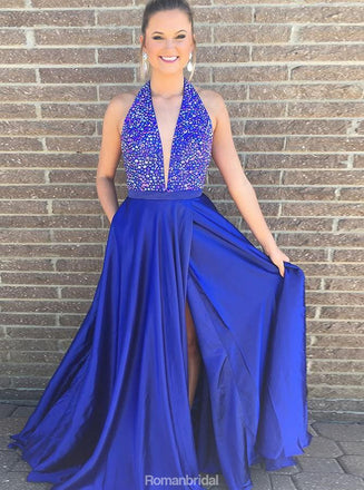 A-Line Deep V-Neck Sleeveless Royal Blue High Split Long Prom Dress, PD0130