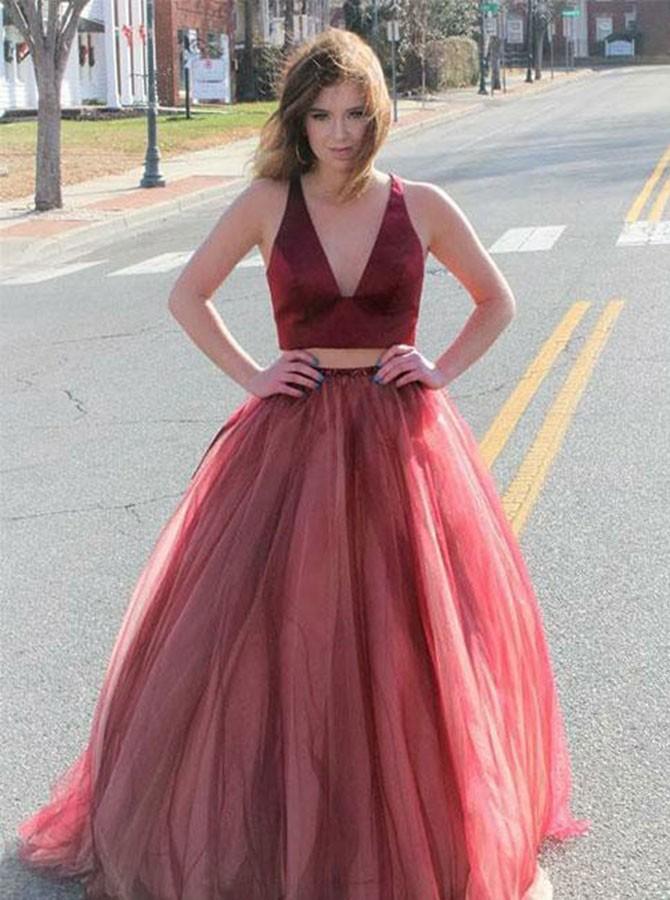Newest Two-pieces Deep V-neck sleeveless open-back evening gown, long prom dresses, PD0100