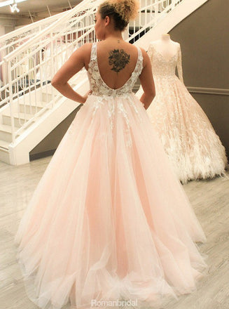 A-Line Deep V-Neck Backless Appliques Long Tulle Prom Dress, PD0594
