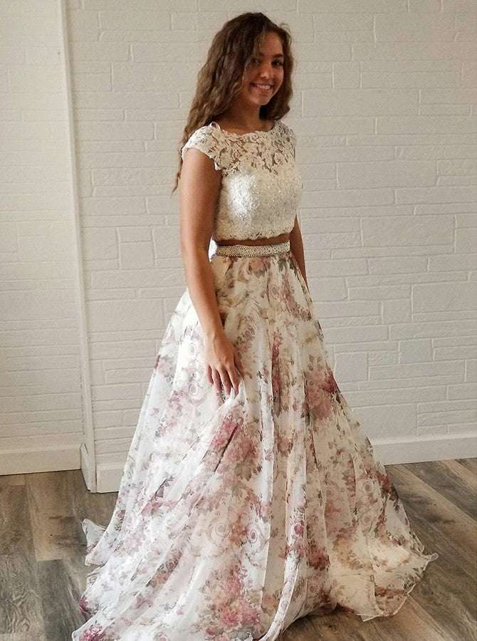 Two Piece Lace Top Beading Cap Sleeves Chiffon Prom Dress, PD0592