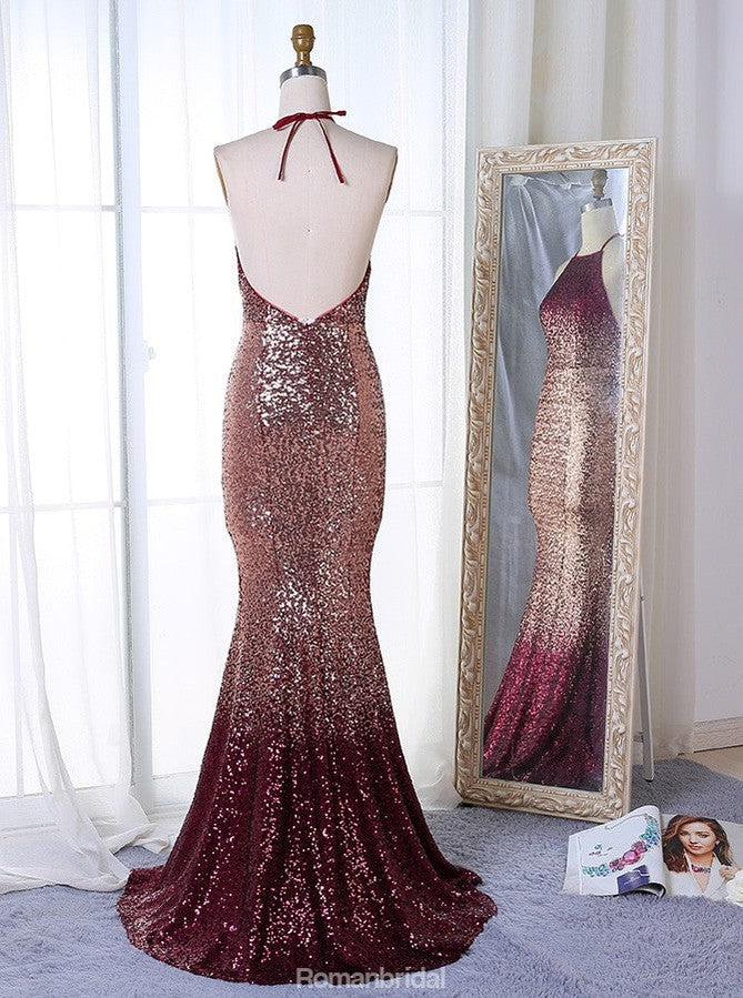 Newest Popular Mermaid Halter Backless Long Sequins Prom Dresses With Train, PD0556