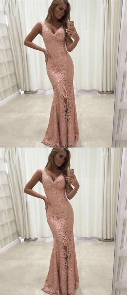 Mermaid V-Neck Sleeveless Floor-Length Pink Lace Prom Dress, PD0645