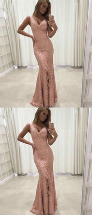 Mermaid V-Neck Sleeveless Floor-Length Pink Lace Prom Dress, PD0645