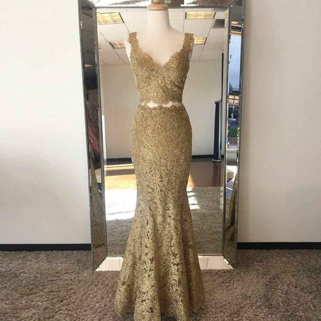 Two Piece Mermaid V-Neck Sweep Train Gold Lace Prom Dress, PD0646