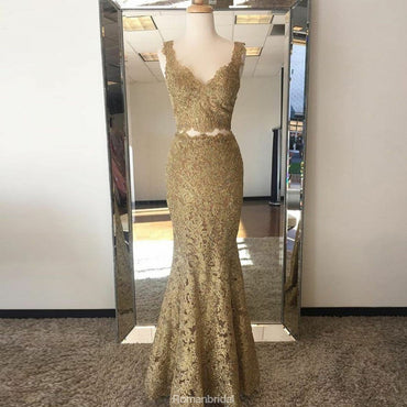 Two Piece Mermaid V-Neck Sweep Train Gold Lace Prom Dress, PD0646