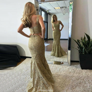 Two Piece Mermaid V-Neck Sweep Train Gold Lace Prom Dress, PD0646