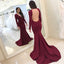 Mermaid V-Neck Sweep Train Backless Burgundy Prom Dress, PD0648