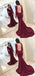 Mermaid V-Neck Sweep Train Backless Burgundy Prom Dress, PD0648