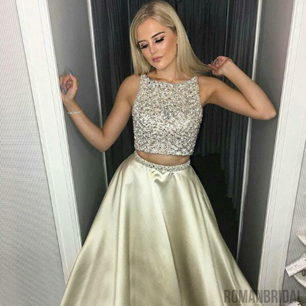 A-Line Two Pieces Beading Round Neck New Design Prom Dress, Party Dresses On Sale, NDPD0008