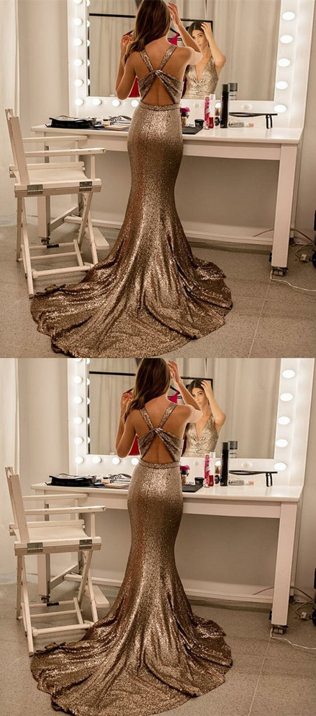 Mermaid V-Neck Open Back Sequins Prom Dress With Train, PD0651