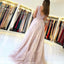 A-Line V-Neck Backless Appliques Long Tulle Prom Dresses, PD0581