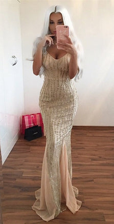 Mermaid Spaghetti Straps Beading Long Prom Dress With Chiffon, PD0708