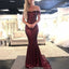 Mermaid Off-the-Shoulder Burgundy Sequins Long Prom Dresses, PD0580