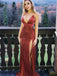 Sheath Spaghetti Straps V-neck Sexy Sequins Long Prom Dresses With Split, PD0765
