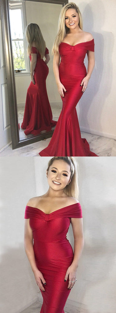 New Arrival Mermaid Off-the-Shoulder Long Red Simple Prom Dresses , PD0554