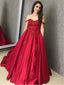 A-line Off-shoulder Lace Appliques Long Red Satin Prom Dresses, PD0766