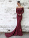 Mermaid  Elegant Off-Shoulder Long Sleeves Burgundy Lace Prom Dresses, PD0689