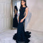 Mermaid Bateau Neck Backless Navy Blue Prom Dress With Train, PD0650