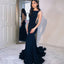 Mermaid Bateau Neck Backless Navy Blue Prom Dress With Train, PD0650