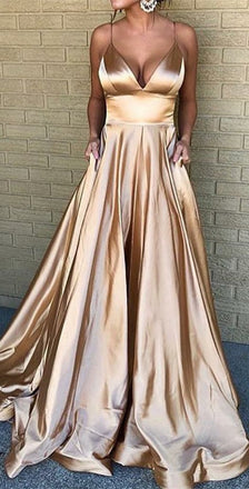 A-Line Spaghetti Straps Simple Prom Dress with Pockets, PD0706