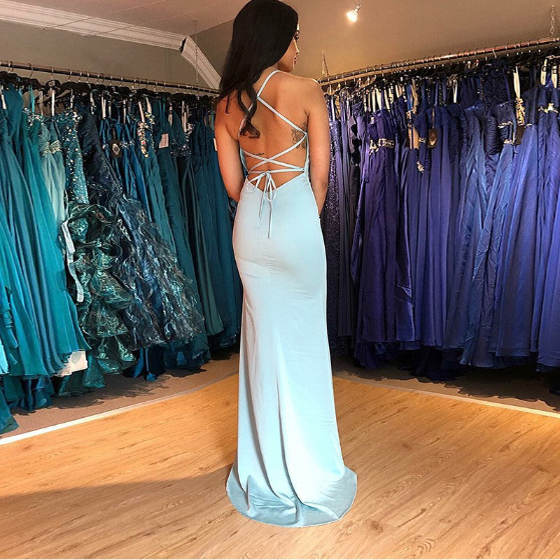 Mermaid Spaghetti Straps V-neck High Split Lace Up Prom Dresses, PD0578