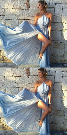 A-Line Halter Sleeveless Light Blue Chiffon Prom Dresses With Split, PD0698