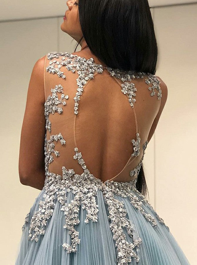 A-Line Sleeveless Appliques Open-back Prom Dresses With Pleats, PD0668