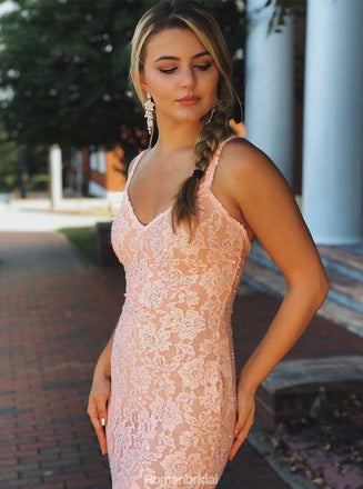 Mermaid V-neck Sleeveless Pink Lace Backless Prom Dress, PD0653