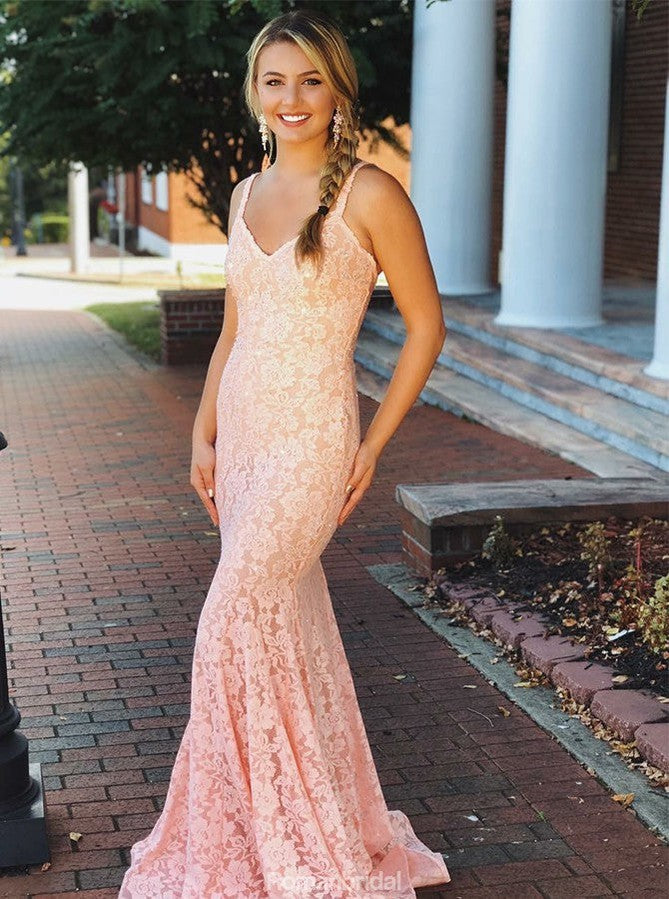 Mermaid V-neck Sleeveless Pink Lace Backless Prom Dress, PD0653