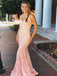 Mermaid V-neck Sleeveless Pink Lace Backless Prom Dress, PD0653