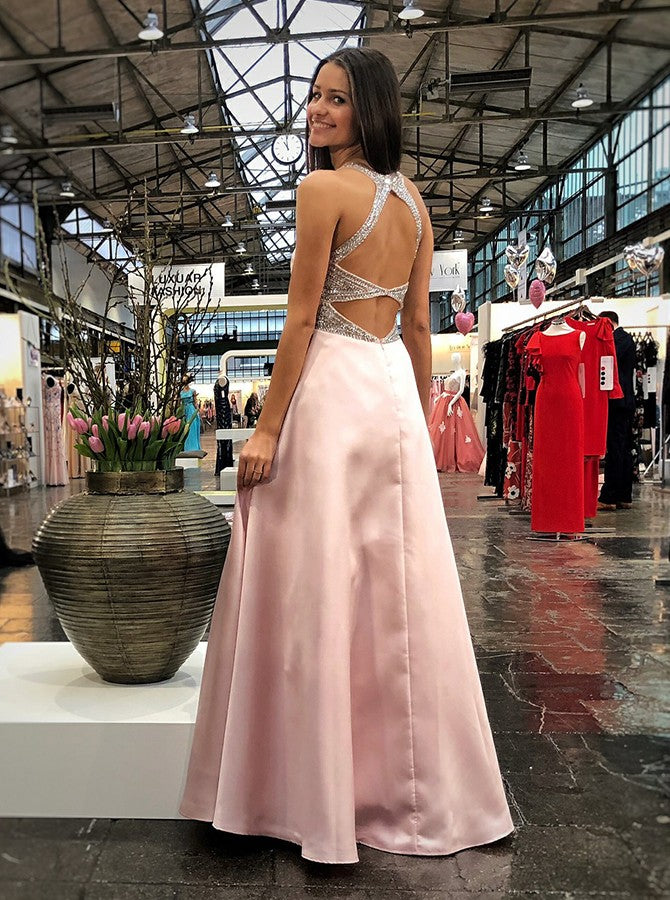 A-line Floor-length V-neck Open-back Beading Pink Prom Dresses, PD0767