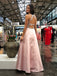 A-line Floor-length V-neck Open-back Beading Pink Prom Dresses, PD0767