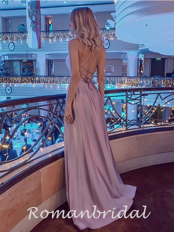 Elegant Spaghetti Straps A-line Side Slit Backless Long Prom Dresses Formal Dress, OL753