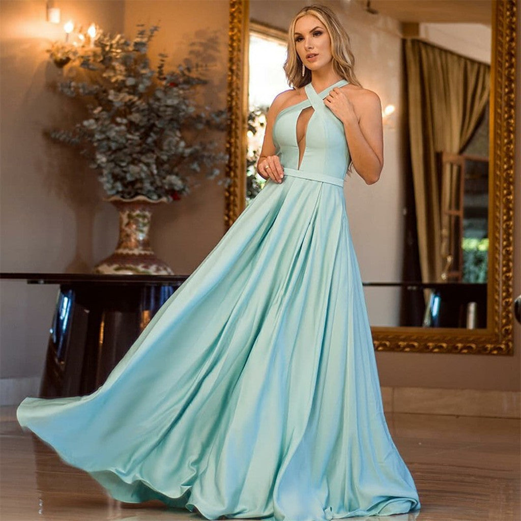 A-line Halter Simple Mint Green Prom Dress With Pleats, PD0709